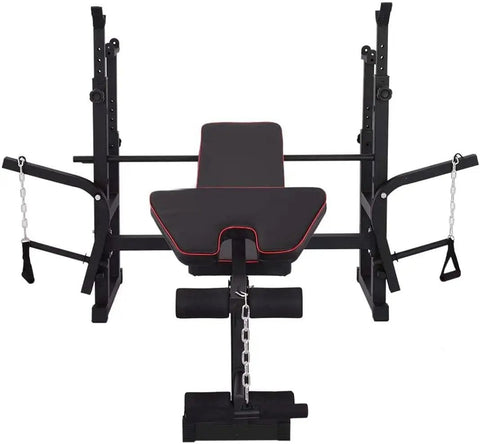 Home Gym Dumbbell Bench Station with versatile press bench, barbell rack, squat stand, adjustable incline, durable steel