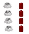 Built Like A Tank Torque Converter Nuts With Stud Caps For Ford A4LD AOD E4OD FIOD Transmissions showing four steel flange nuts and red caps.