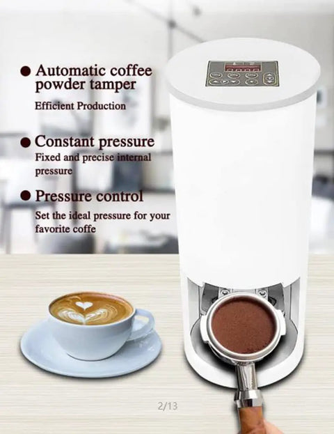 Top Shelf Professional Grade Electric Coffee Tamper For 58mm Commercial Espresso Machine With Stainless Steel Base Auto Sensor And Adjustable Portafilter Holder Wrist Relief beside cup of coffee and portafilter with coffee grounds.