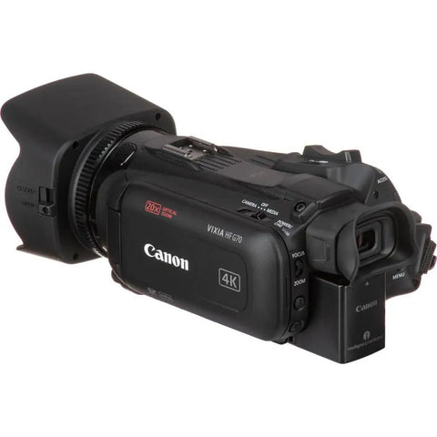 HF G70 4K Camcorder with 20x Optical Zoom and Dual SD Slots, black, side view showing buttons and lens hood.