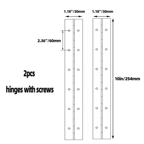 Diagram showing two stainless steel long piano hinges, 10 inch, 30mm wide, rustproof soft close damper, 2pcs set with screws.
