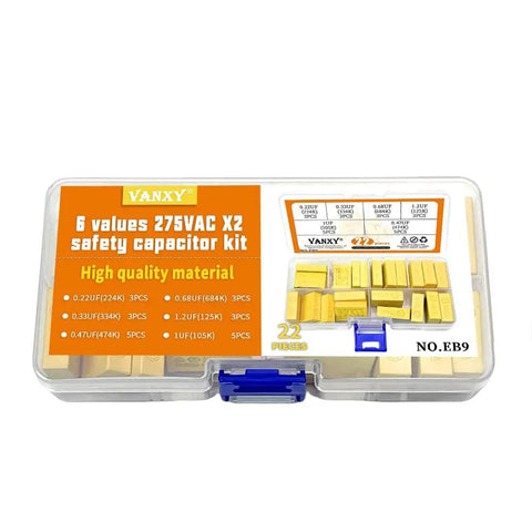Six Value MKP Safety Capacitor Kit Set With 22 Pieces, 275VAC X2, 22.5mm Pitch, in a labeled yellow case