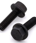 Close-up of two Beefy M10 Flanged Washer Head Hex Bolts 35mm Long Full Thread Set Of 10 10.9 Grade Alloy Steel Black Oxide Finish GB5789 Hex Drive