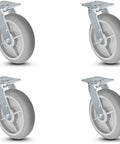 Heavy Duty 8 Inch Swivel Caster Set Featuring Durable TPR Wheels For Drywall And Sheetrock Dollies Handling Hefty Loads Up To 2800 Pounds, four casters with metal brackets.