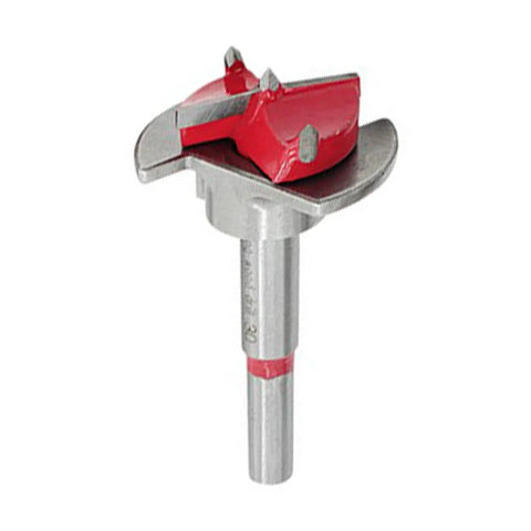 Tungsten carbide concealed hinge drill guide bit with a red adjustable jig on a metal shank, 15–35 mm