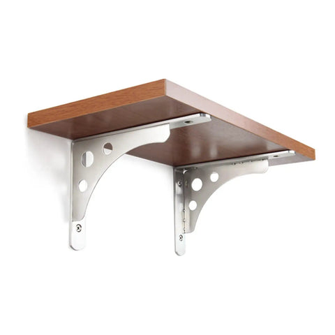 Heavy Duty Shelf Brackets Built Tough For Wall Mounted Floating Shelves Stainless Steel L Bracket supporting a wooden shelf.