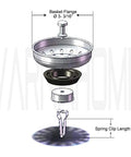 Diagram of Premium 304 Stainless Steel Kitchen Sink Basket Strainer Replacement with brass post and spring clip