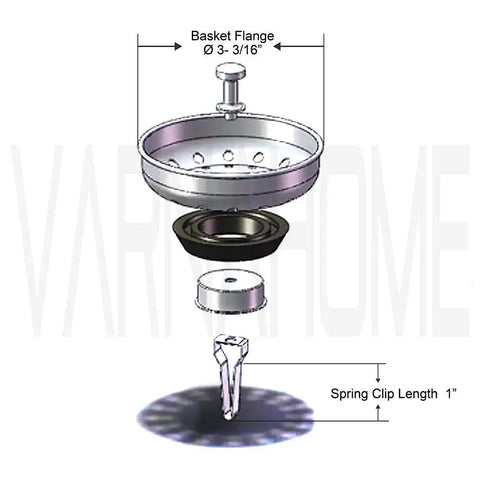 Diagram of Premium 304 Stainless Steel Kitchen Sink Basket Strainer Replacement with brass post and spring clip