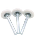Three white nylon garage door rollers with 1.8 inch wheels and 4 inch stems, featuring sealed 11 ball bearings for quiet operation