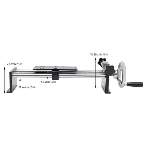 Black Force Gauge Stand 1000N 100kg Horizontal Spiral Manual Test Stand With Adjustable Clamp For Tension And Push Pull Testing, steel frame, 230mm stroke, side view with dimensions