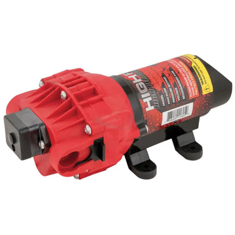Beefed-Up High Flow High Performance 2.4 GPM 60 PSI 12V Sprayer Pump With Automatic Demand Diaphragm, red casing, side view