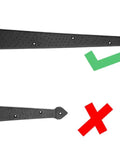 Pointed Arrow Decorative Iron Hinges For Barn Doors And Large Entryways Black Powder Coated Rust Proof Finish Heavy Duty Solid Construction displayed with mounting orientation indicators.
