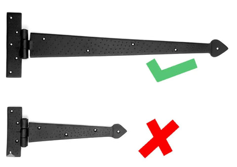 Pointed Arrow Decorative Iron Hinges For Barn Doors And Large Entryways Black Powder Coated Rust Proof Finish Heavy Duty Solid Construction displayed with mounting orientation indicators.
