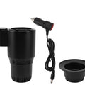 Smart 2 In 1 Car Cup Cooler And Warmer Perfect Tumbler Holder with charger, black aluminum alloy for keeping drinks hot or cold.