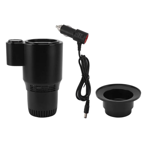 Smart 2 In 1 Car Cup Cooler And Warmer Perfect Tumbler Holder with charger, black aluminum alloy for keeping drinks hot or cold.