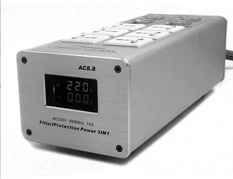 Beefy 3000W 15A Audio Power Conditioner Featuring Patented Dual Inductor Design And Top Shelf Wima Caps For Clean High Fidelity Rig And Zero Static Nonsense Silver Power Outlet Strip with LCD voltage screen.