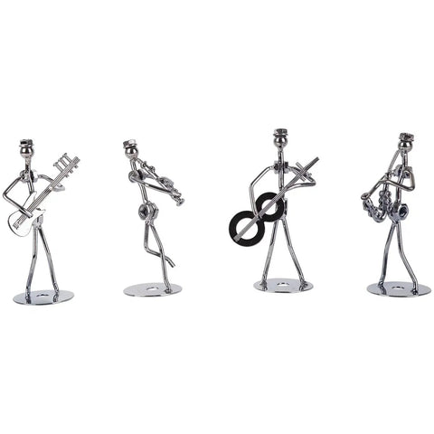 Premium Hand Welded Music Note Statues Set Of Eight Slick Industrial Wire Sculptures For Boss Level Desk Or Shelf Decor featuring four metal musicians playing instruments.