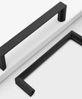 10 Pack 5 Inch Matte Black Kitchen Cabinet Pulls With 128mm Center To Center, sleek square handles on white surface, modern style