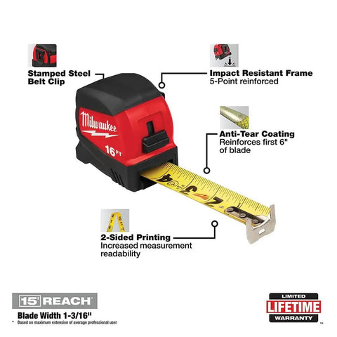 16 Foot Tape Measure With Half Inch Wide Steel Blade In A Rugged ABS Case Impact Resistant And Compact For Fast Jobsite Readings Built To Withstand Drops Tough As Nails For Framing Drywall And Construction Projects showing features like belt clip and tear coating.