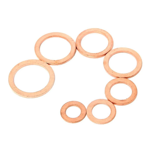 100 Piece Copper Washer Gasket Set For Auto And DIY Projects Box Included DIY Ready Flat Seal Kit M4 To M14 Sizes from top view