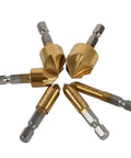 Six brass HSS countersink drill bits with 1/4 inch hex shanks and 90-degree chamfer heads.