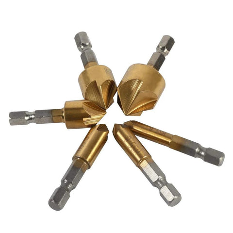 Six brass HSS countersink drill bits with 1/4 inch hex shanks and 90-degree chamfer heads.
