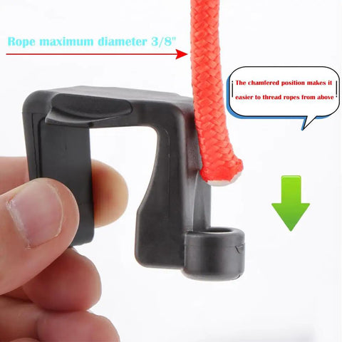 Boat Bumper Clips For Docking with red rope in black adjustable fender clip, UV resistant marine grade nylon.