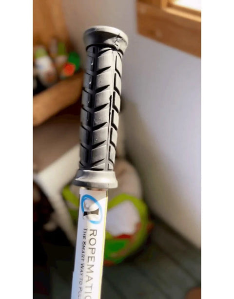 Close-up of ergonomic handle on Ropematic Pro Manual Rope Puller for Fish Tape and Mule Tape Pulling, Wire Tugger and Electrical Tool 42400