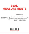 DURA-LIFT double-T rubber garage door weather seal; cross-section diagram showing 3.5-inch width and 0.08-inch thickness.