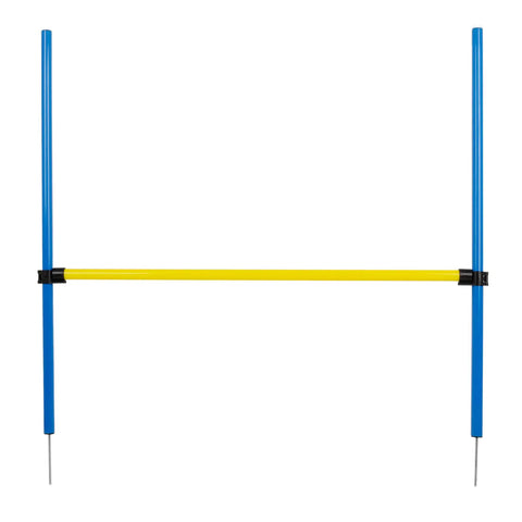 Adjustable Dog Agility Jump Hurdle for Backyard Obstacle Course Portable Training Bar with blue and yellow poles