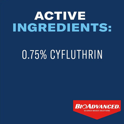 Active ingredients of Ready To Spray Outdoor Insect Killer show 0.75% cyfluthrin on label with BioAdvanced logo.