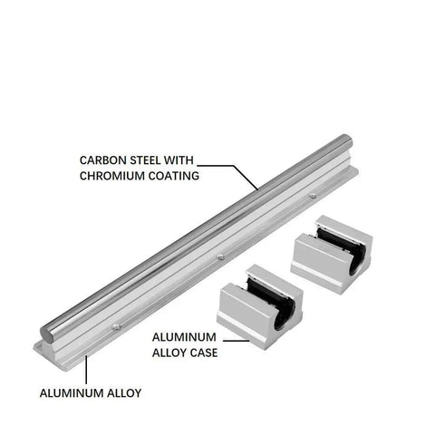 Heavy Duty Linear Rail Kit With 200mm Rails And SBR12UU Slider Blocks End Stops For CNC Routers And 3D Printers Includes Two Rails And Four Blocks For Smooth Motion And High Precision Ready To Go. Features carbon steel and aluminum alloy with a chromium coating.