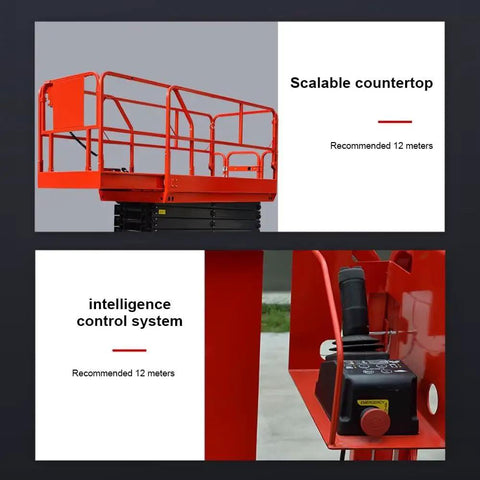 Heavy Duty Self Propelled Scissor Lift With 26 Foot Electric Aerial Work Platform And 450 Kilogram Load Capacity, showing scalable countertop and control system.