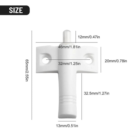 Smooth Quiet Close Cabinet Dampers And Drawer Buffers, 65mm ABS white damper with size details for cabinets and drawers.