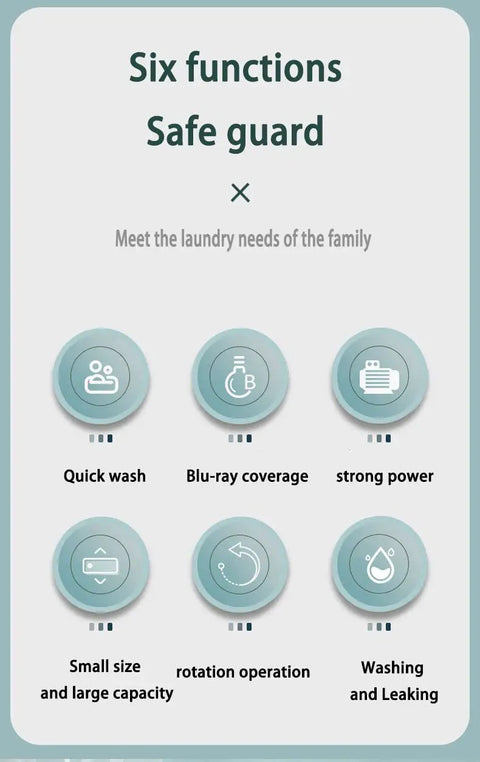 Image showing six functions of the Mini Portable Washer With Bionic Hand Wash Motion, Built In Stainless Steel Leak Resistant Tub.