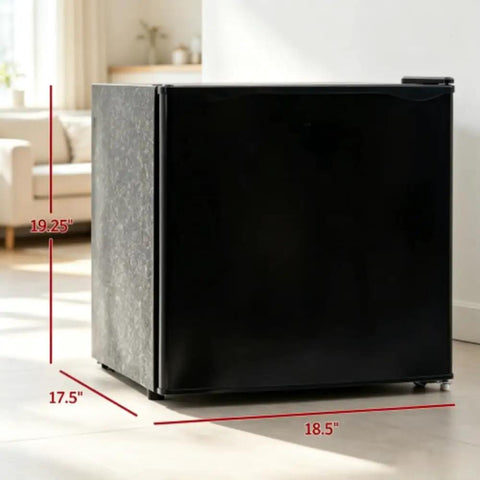 Black Compact Upright Mini Freezer 1.1 Cu Ft with dimensions 19.25" height, 18.5" width, and 17.5" depth for countertop storage.