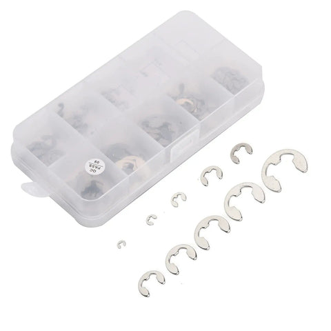 120 Piece E Clip Set In Stainless Steel External Retaining Rings Circlips From 1.5mm To 10mm displayed with storage case