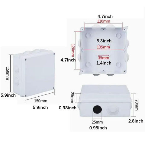 IP65 Weatherproof Junction Box For Outdoor Electronics Enclosures Made Of ABS Plastic, Dustproof And Waterproof, 150 By 150 Mm with dimensions.