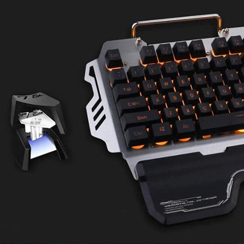 Slick Gaming Keyboard And Mouse Combo With Vivid Backlight And Snappy Mechanical Feel Plug And Play Usb Wired Pair For Home Or Work Setup Featuring Flexible Floating Keys close-up of black keys with orange backlight and mechanical switch