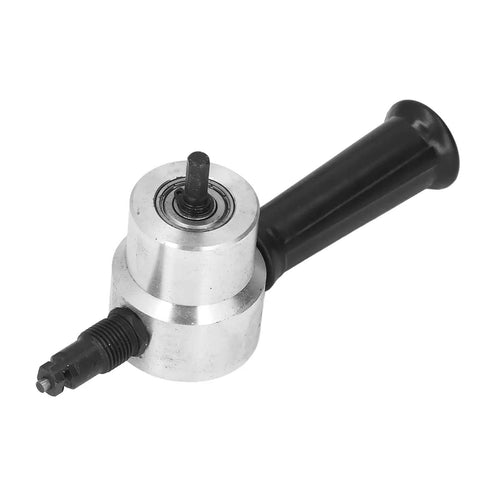 Close-up of Electric Double Head Metal Nibbler Cutter with adjustable cutting heads, black handle, for cutting metal sheets