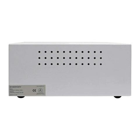 Front view of white Hospital-Grade Isolation Transformer Dual Voltage 115-230V 1800W With 8 IEC C13 Outlets Workhorse Power Hub.