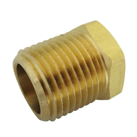 Close-up of brass hex head plug showing threaded design for Hex Head Plug Pipe Fitting Set NPT Male Five Pieces Brass Heavy Duty.