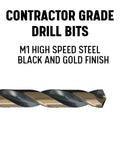 One And One Eighth Inch Reduced Shank High Speed Steel Contractor Drill Bit With Three Flat Shank For Metal Drilling Black And Gold Finish 135 Degree Split Point KFD3F Series, showing black and gold spiral design on white background