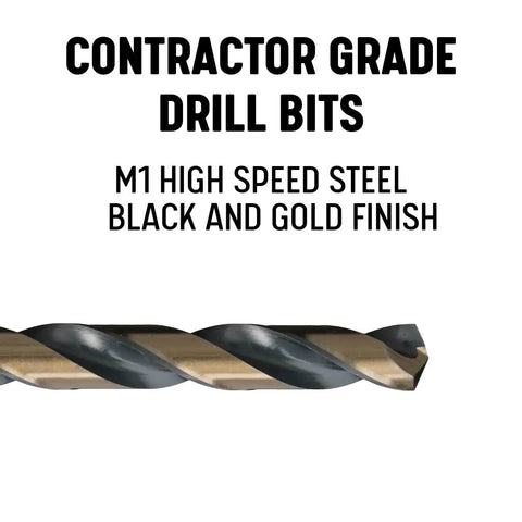 One And One Eighth Inch Reduced Shank High Speed Steel Contractor Drill Bit With Three Flat Shank For Metal Drilling Black And Gold Finish 135 Degree Split Point KFD3F Series, showing black and gold spiral design on white background