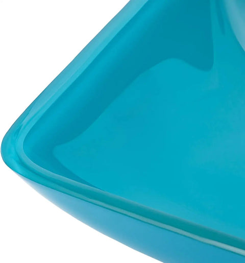 Close-up view of the Dope Premium Cyan Rectangular Glass Bathroom Vessel Sink Countertop Vanity Basin featuring a smooth finish.