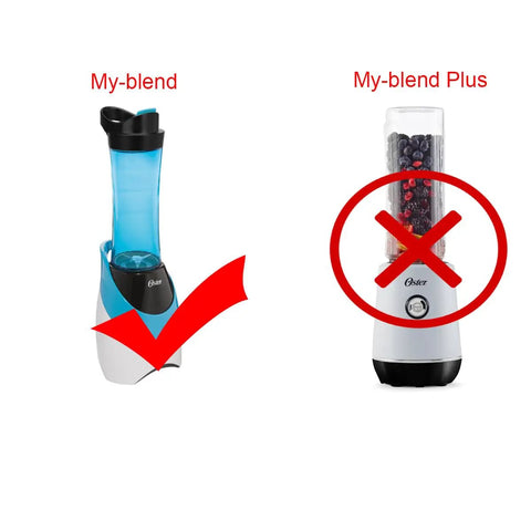 Image of Oster MyBlend blender with a green check mark next to it and a red cross over the MyBlend Plus model indicating compatibility for Replacement Blade Kit With 20oz Cup And Lid For Oster My Blend 250 Watt Blender Cross Blade With Sealing Ring Includes 1 Blade 1 Cup And 1 Lid Built For Quick No Fuss Home Repair And Smooth Blends.