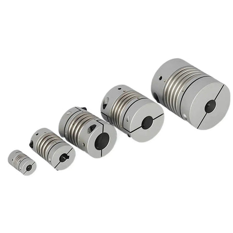 Rock Solid Heavy Duty Aluminum Bellows Coupling Delivering High Torque And Zero Slack On Flexible Shafts Built Like A Tank For Pro Level Smooth Operations in varying sizes.