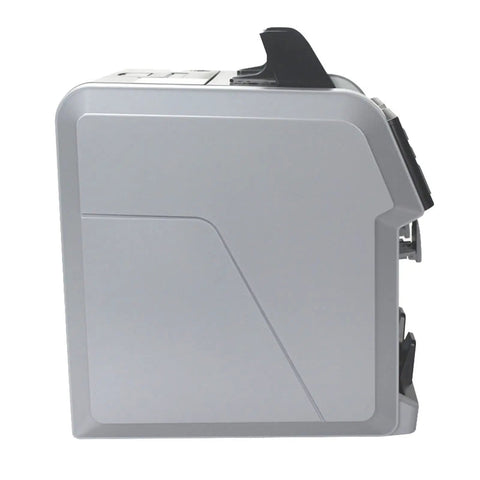 Top Shelf Touchscreen Money Counter With Breakneck Bill Counting Speed Multi Currency Sorting Capability Integrated Receipt Printer side view, grey body, compact design.