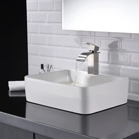 White Vessel Sink With Gold Faucet And Drain, 18x13 Inch Above-Counter Rectangle Ceramic Porcelain Bathroom Basin