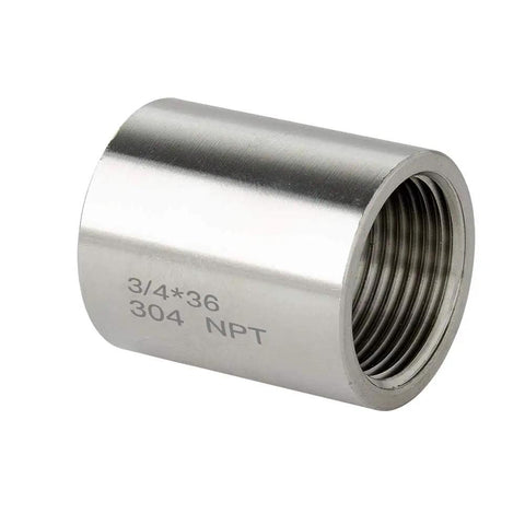 304 Stainless Steel Three Quarter Inch Female to Three Quarter Inch Female Pipe Coupler Fitting, 1.4 Inch Long, side view